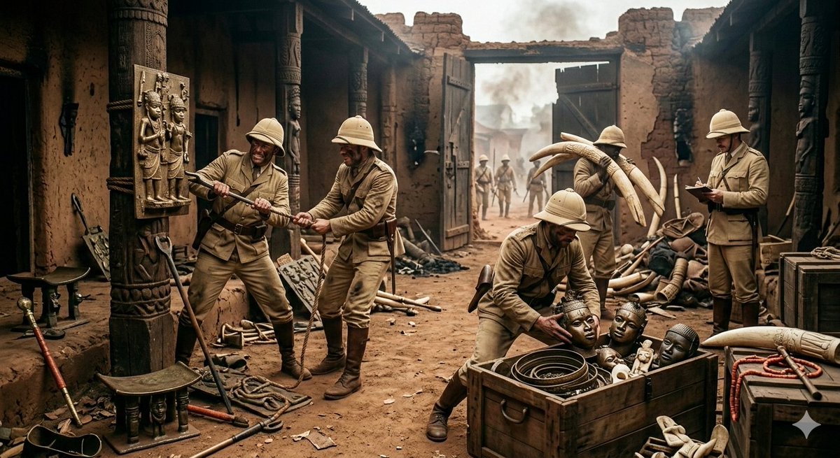 FictionXHistory's tweet photo. In February 1897, Admiral Sir Harry Rawson led British forces into Benin City. Artillery tore through the great earth walls and moats. The palace was burned. Ivory tusks and brass plaques were seized and carried away. The kingdom fell under invasion.
#BeninEmpire #BeninExpedition https://t.co/wygrnBvt2D