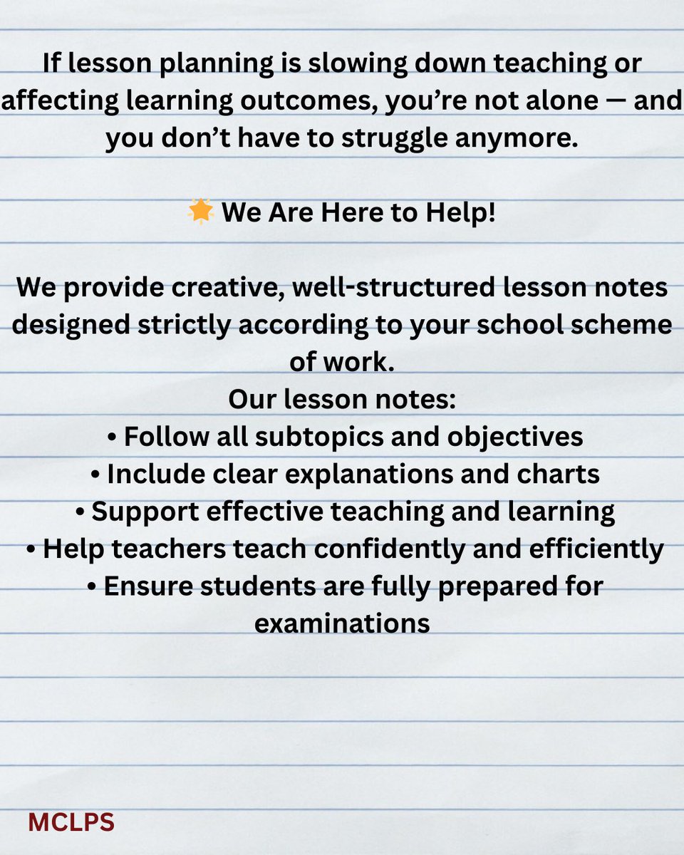 MissCole38's tweet photo. “Dear teachers, you don’t have to spend your evenings writing lesson notes from scratch. Structured notes available. Reduce stress. Improve delivery.”

Teachers you don’t have to wait for your HOS if they are not ready, teach smart and save stress with little funds! https://t.co/qcJPP0x2aT