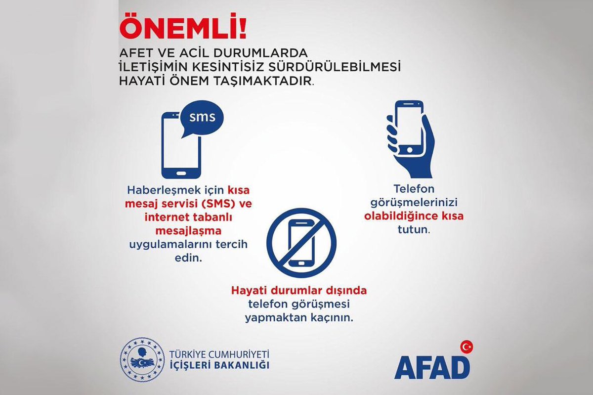 📌 1-7 Mart #DepremHaftası

📢 Afet anında iletişim hayati önemdedir.

📩 SMS ve internet tabanlı mesajlaşmayı tercih edin.

📞 Görüşmeleri kısa tutun.

🚫 Hayati durumlar dışında arama yapmayın.

Hatları meşgul etmemek bir hayat kurtarabilir.

#DepremHaftası #AfetBilinci