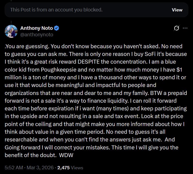 Holy sh*t

Noto just said that he thinks $SoFi is a great risk reward despite his concentrated position