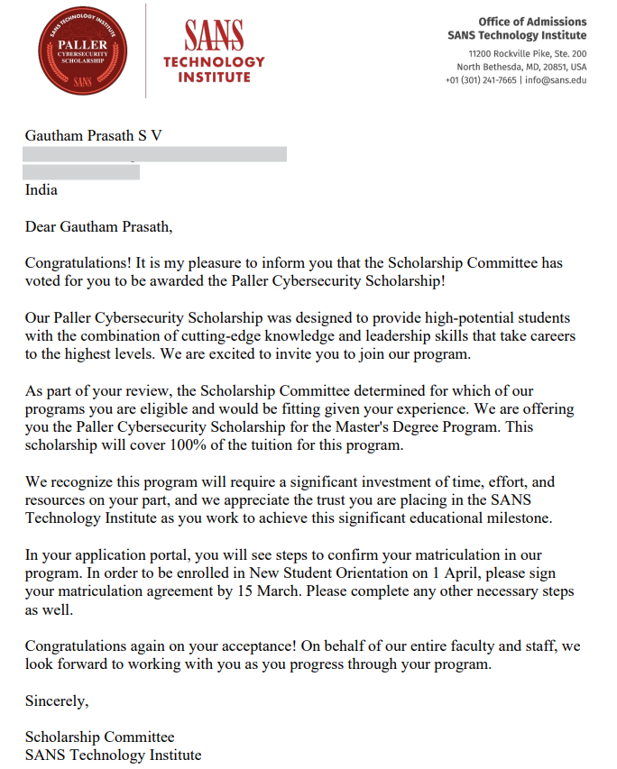 Gauthamprasath8's tweet photo. Incredibly humbled to be selected as a #Paller #Cybersecurity Scholar and awarded a full scholarship for the MSISE at @SANS_EDU 

Grateful for the opportunity to learn from industry-leading experts, and build the technical depth needed to make a meaningful impact in cybersecurity https://t.co/MrM03vUJmE