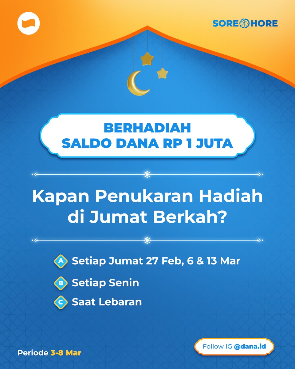 Yuk ikutan jawab di komen sambil ngabuburit biar bisa menangin HADIAH SALDO DANA! 🤩
Jangan lupa tag 3org teman karena likes komen terbanyak yang akan jadi pemenangnya! Periode 3-8 Mar. Pemenangnya akan diumumkan di IG Story @dana.id pada 12 Mar. Semangatt! #SoreHore