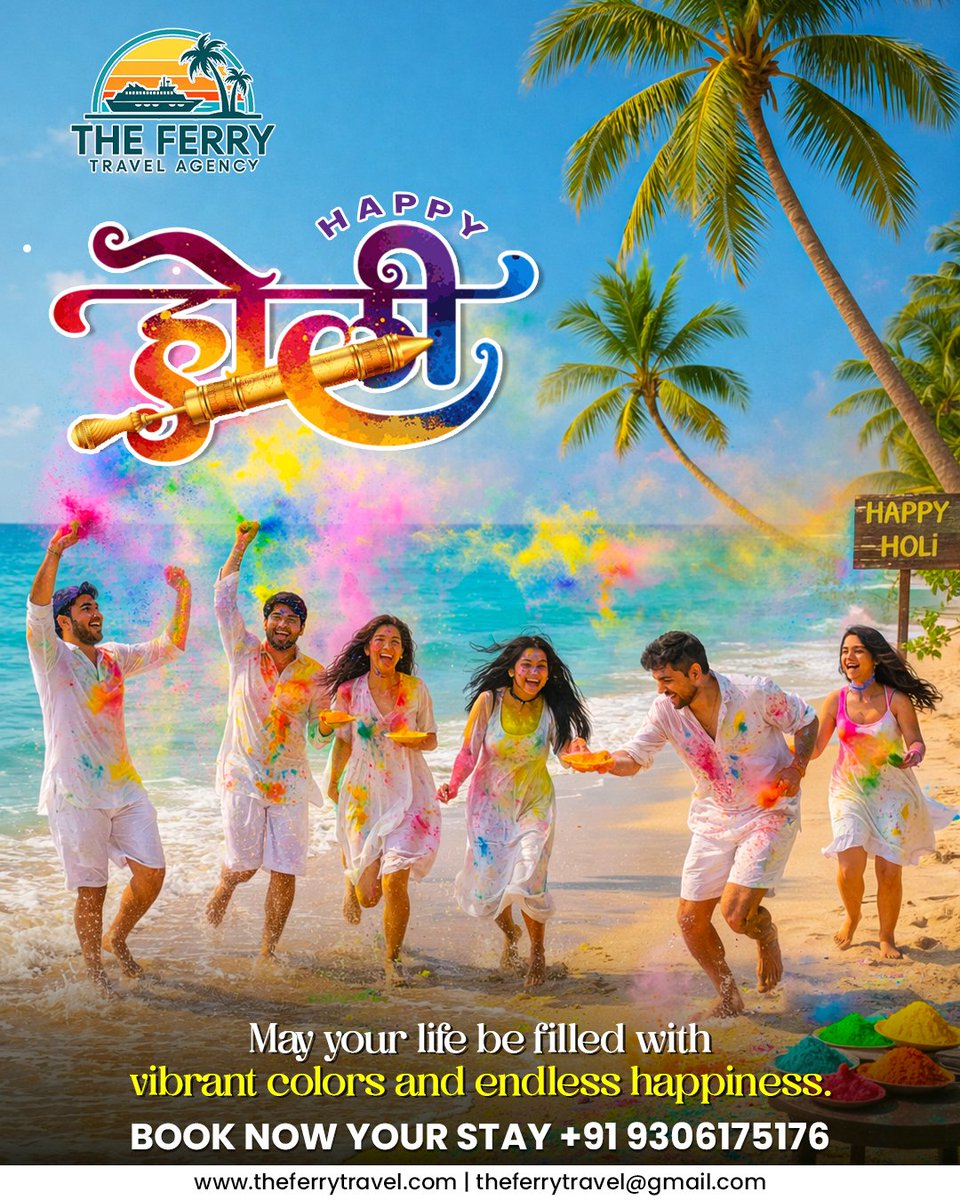 AgencyFerry's tweet photo. Beach vibes &amp; Holi colors — the ultimate celebration combo! 🎨🏝️
Wishing you a vibrant &amp; joyful Holi from 𝐓𝐡𝐞 𝐅𝐞𝐫𝐫𝐲 𝐓𝐫𝐚𝐯𝐞𝐥 𝐀𝐠𝐞𝐧𝐜𝐲 🌈✨

#HappyHoli #HoliVibes #GoaLife #FestivalOfColors #TheFerryTravelAgency https://t.co/izILvo8DCN