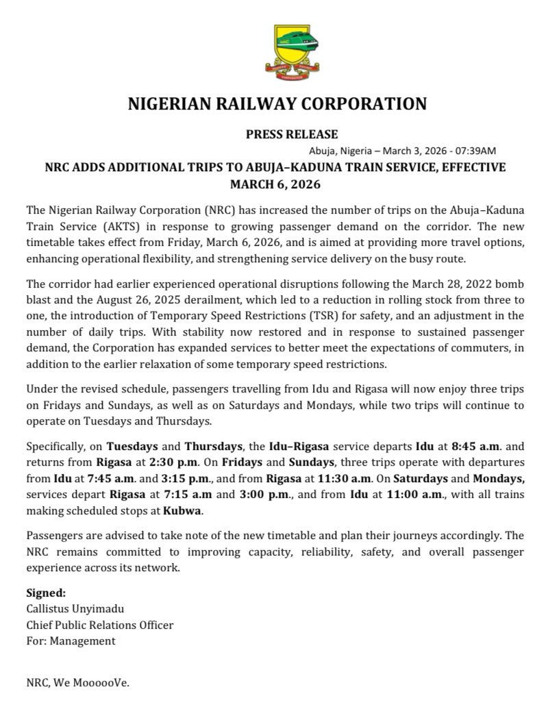 info_NRC's tweet photo. THE NIGERIAN RAILWAY CORPORATION ADDS ADDITIONAL TRIPS TO ABUJA –KADUNA TRAIN SERVICE, EFFECTIVE MARCH 6, 2026. https://t.co/QyM3oz9FeQ