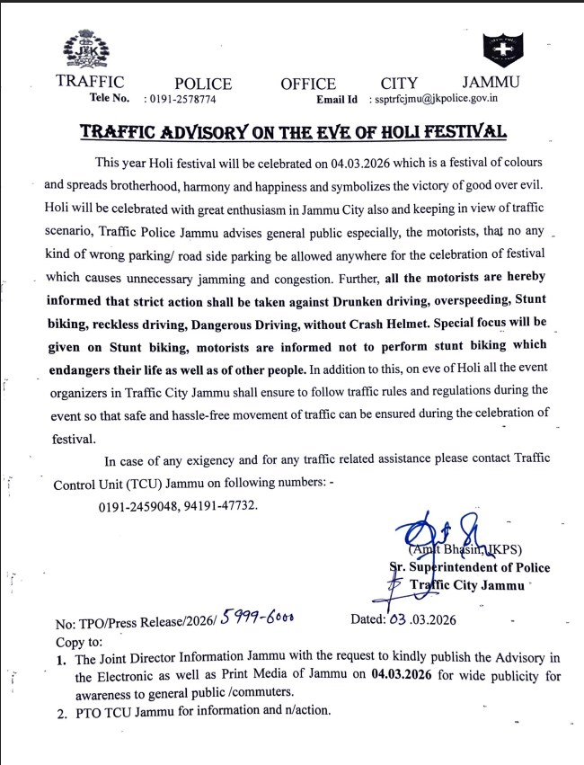 traffic_jammu's tweet photo. Traffic_Advisory_on_the_eve_of_Holi_Festival https://t.co/aSlr3CeFNi
