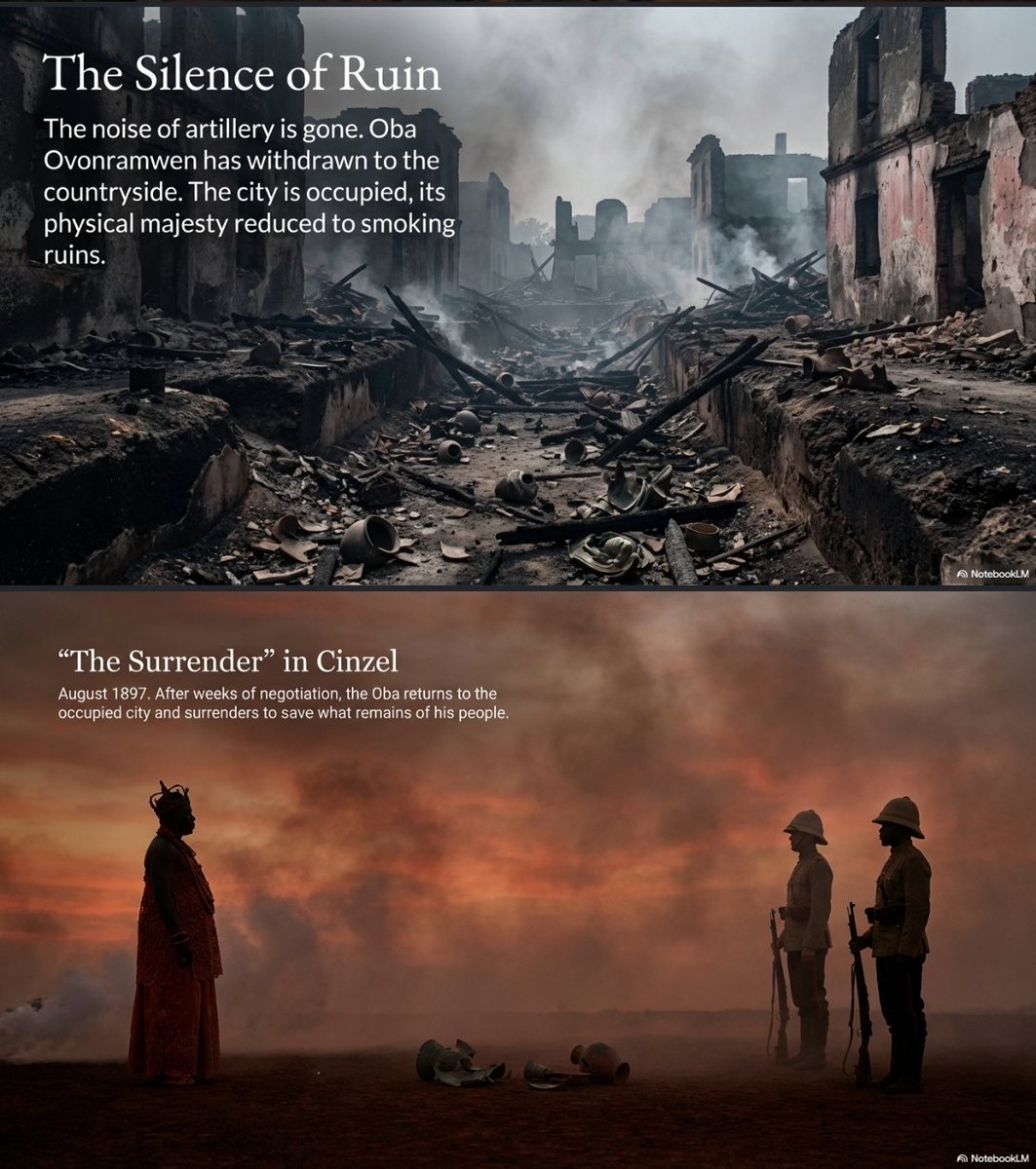FictionXHistory's tweet photo. After the invasion, Oba Ovonramwen was forced into exile in Calabar. The throne stood empty. The palace lay in ruins. Osaze walked through ash and broken beams where ivory and brass once stood. Benin was occupied, and its story carried across the sea.
#BeninEmpire #Ovonramwen https://t.co/cjQLDBxP6r