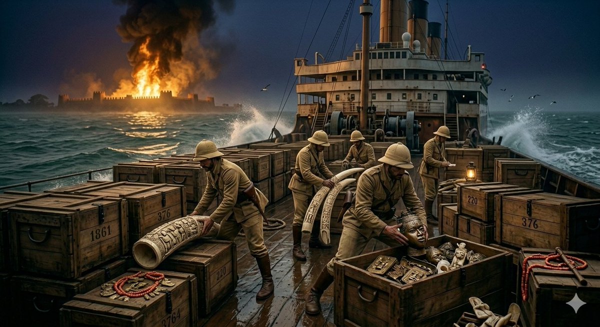 FictionXHistory's tweet photo. After the invasion, Oba Ovonramwen was forced into exile in Calabar. The throne stood empty. The palace lay in ruins. Osaze walked through ash and broken beams where ivory and brass once stood. Benin was occupied, and its story carried across the sea.
#BeninEmpire #Ovonramwen https://t.co/cjQLDBxP6r