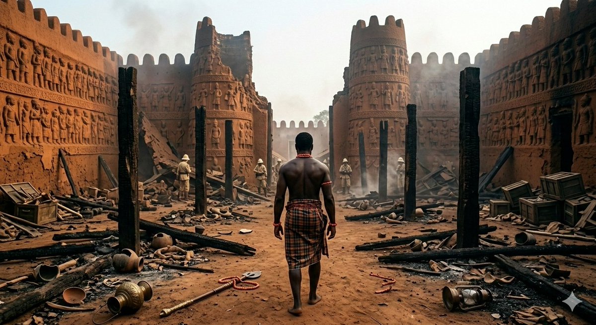 FictionXHistory's tweet photo. After the invasion, Oba Ovonramwen was forced into exile in Calabar. The throne stood empty. The palace lay in ruins. Osaze walked through ash and broken beams where ivory and brass once stood. Benin was occupied, and its story carried across the sea.
#BeninEmpire #Ovonramwen https://t.co/cjQLDBxP6r