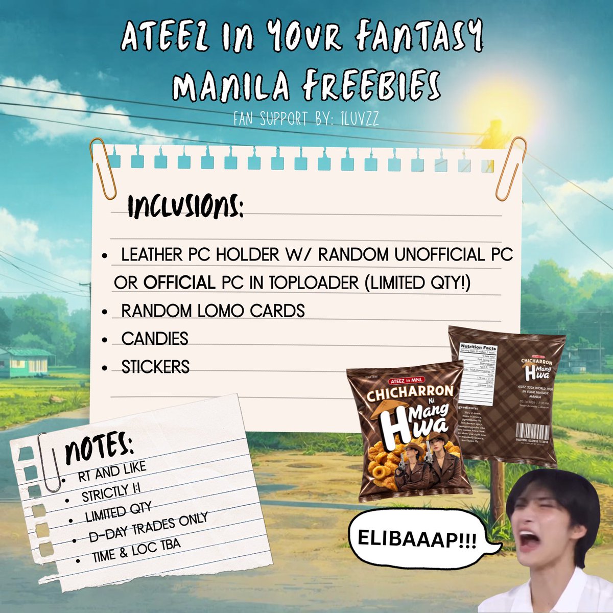 1luvzz's tweet photo. ꒰ In Your Fantasy Manila Chip Bag Freebies ꒱
CHICHARRON NI MANG HWA 🤠💥

✦  march 14
✦ time &amp; loc, tba
        ╰ like &amp; rt 
        ╰ v limited qty
        ╰ strictly 1:1
        ╰ d-day trade only

see u, atiny ❤️‍🔥

#InYourFantasy_MNL #ATEEZinManila #ATEEZ https://t.co/aBOTYj3je8