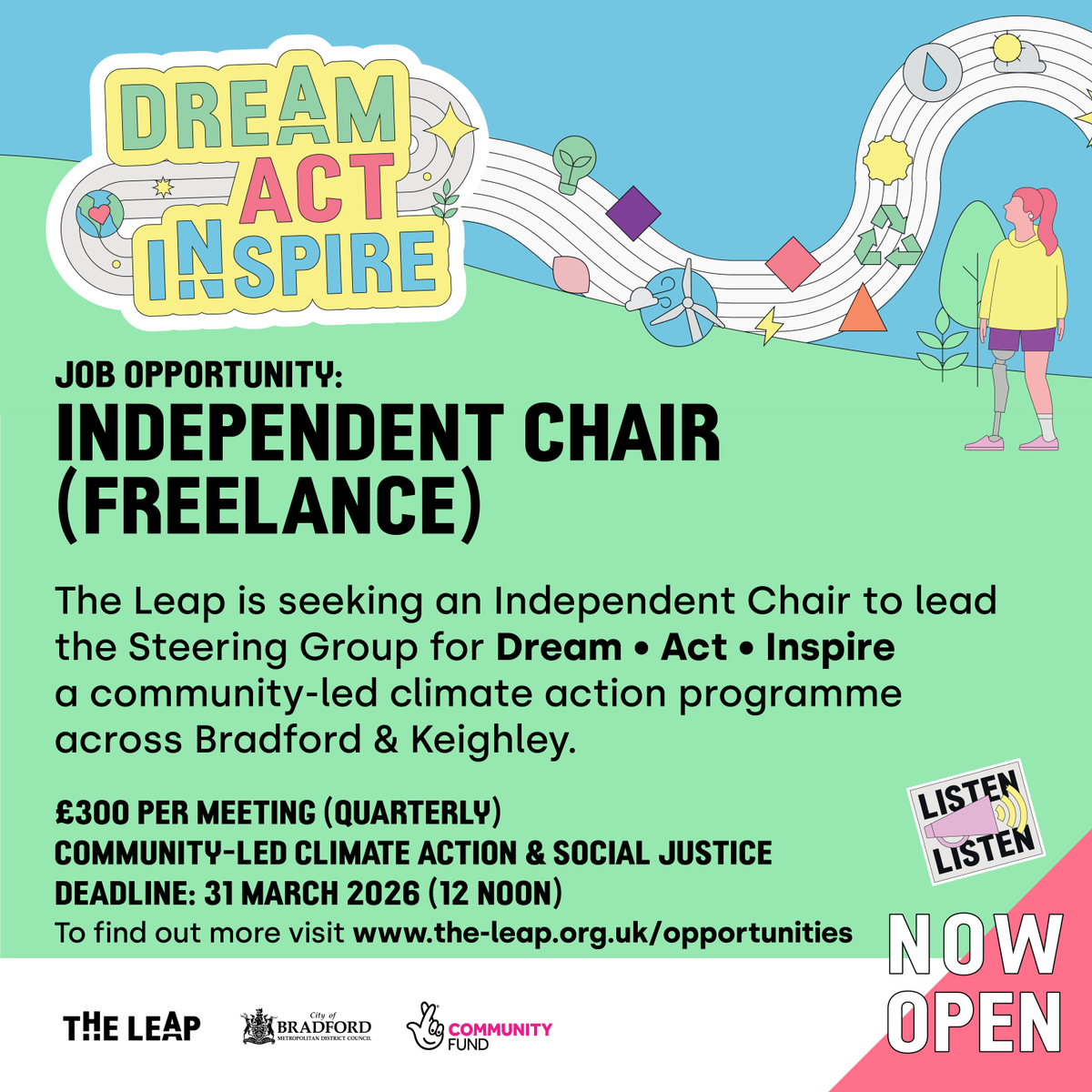 theleapBD's tweet photo. 📣 Opportunity: Independent Chair (Freelance)
The Leap is seeking an Independent Chair to lead the Steering Group for Dream Act Inspire — a community-led climate action programme across Bradford & Keighley.

💷 £300 per meeting
🌍 Community leadership • climate justice • governance
📅 Deadline: 31 March 2026 (12 noon)

More info: https://t.co/5UMSEUun5t

#theleapBD #CommunityLed #ClimateJustice #BradfordJobs