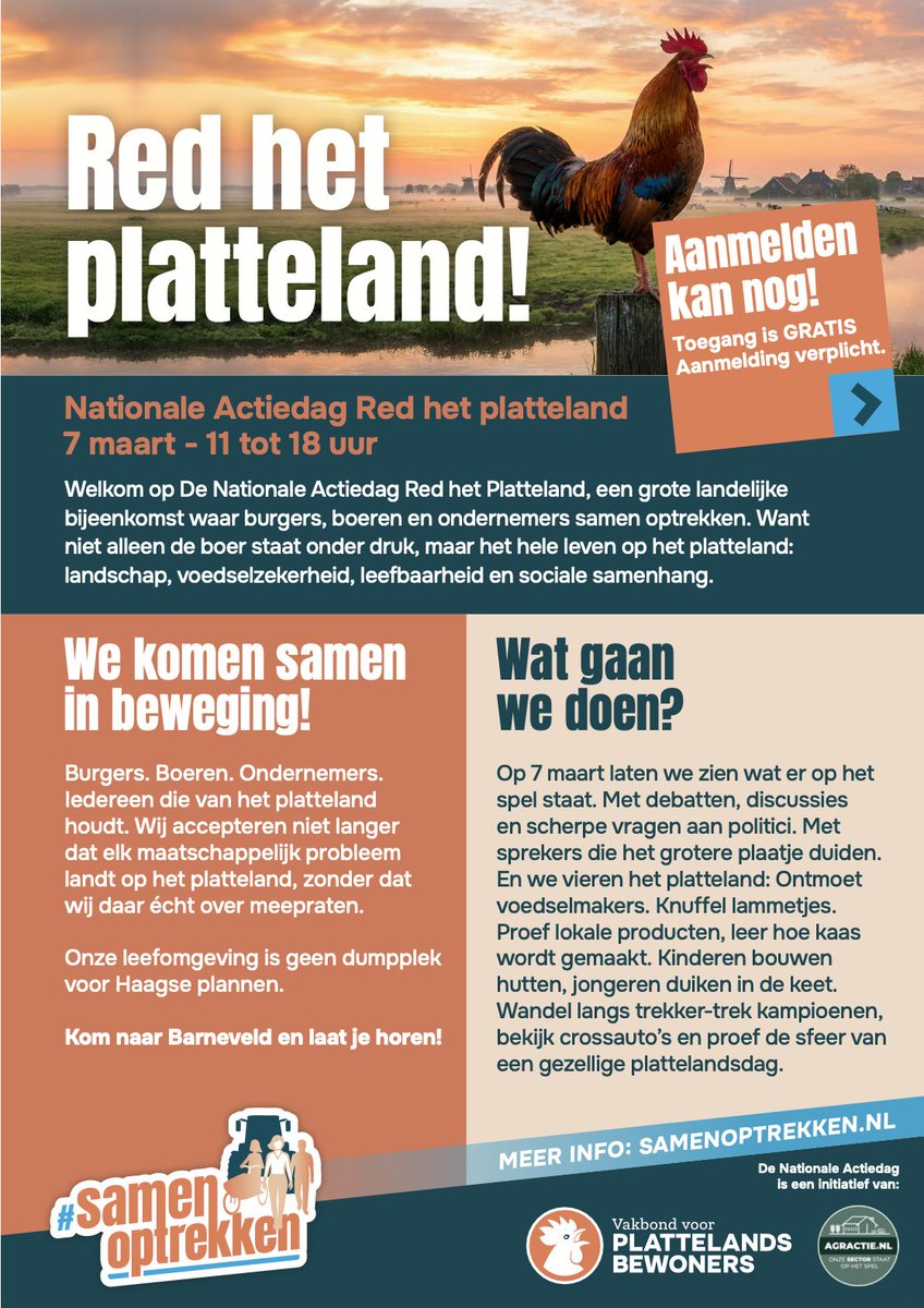 Al 4.000 aanmeldingen 🐓🐓🐓

Wacht niet te lang met je aanmelden, want ook een ENORME tent kan vol.

Dit wordt groot!
Red Het Platteland - 7 maart - Barneveld

samenoptrekken.nl/nationale-acti…