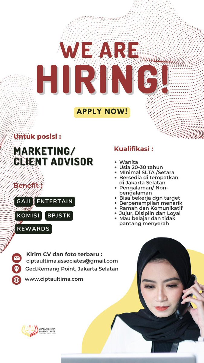 Ciptaultima's tweet photo. LOWONGAN KERJA MARKETING/ CLIENT ADVISOR

BENEFIT:
-Gaji 
-Komisi
-Reward jika mencapai target
-Entertain per 3 bulan sekali 
-BPJS Ketenagakerjaan

#beranda #cilegon #timurtengah https://t.co/xTXTmM49w2