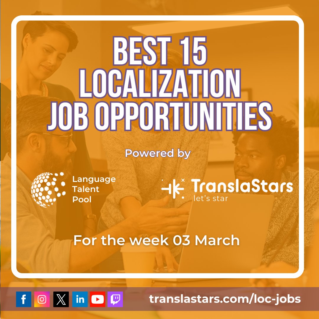 TranslaStars's tweet photo. 🚀 Fresh #LocalizationJobs just dropped!
New roles with Centific, Canva, Transperfect &amp; more across EMEA, Americas &amp; APAC. 🌍
💼 Explore global #LocalizationCareers https://t.co/WibSUfp6M2
🧠 #KeepOnLearning with TranslaStars: https://t.co/rsci68ystq

#LocalizationCareers https://t.co/NO4FBkegDu