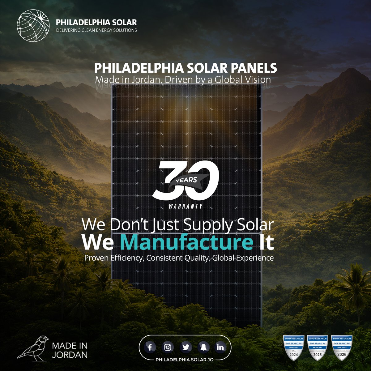 PhiladelphiaSlr's tweet photo. 30 Years Warranty. Proven Performance – Philadelphia Solar
صناعة أردنية برؤية عالمية. https://t.co/SyYkfkvd67