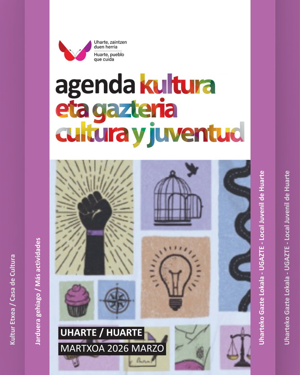 MARTXOKO AGENDA PREST! // ¡YA PUEDES CONSULTAR LA AGENDA DE MARZO!
🥳Kultura eta gazteriaren proposamen berriak hilabete honetarako!
✨️ ¡Nuevas propuestas de cultura y juventud para este mes!

huarte.es