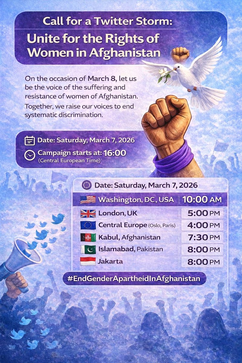 Fs5c7V's tweet photo. فراخوان طوفان تویتری:
برای حقوق انسانی زنان افغانستان متحد شوید!
به مناسبت هشتم مارچ، صدای رنج و ایستادگی زنان افغان باشیم به پایان دادن به تبعیض سیستماتیک فریادمی‌زنیم.
🗓️ زمان: شنبه، ۷ مارچ ۲۰۲۶
📍 ساعت شروع: ۱۶:۰۰ به وقت اروپای مرکزی
هشتگ اصلی:
#EndGenderApartheidInAfghanistan https://t.co/jGbNLMFNF7