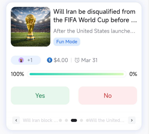 Iran has qualified for the 2026 FIFA World Cup, but recent geopolitical tensions have cast uncertainty over its participation. FIFA has not officially disqualified Iran.

❓ Will Iran be disqualified from the FIFA World Cup before March 31?

🟢 Yes — Iran is officially ruled out