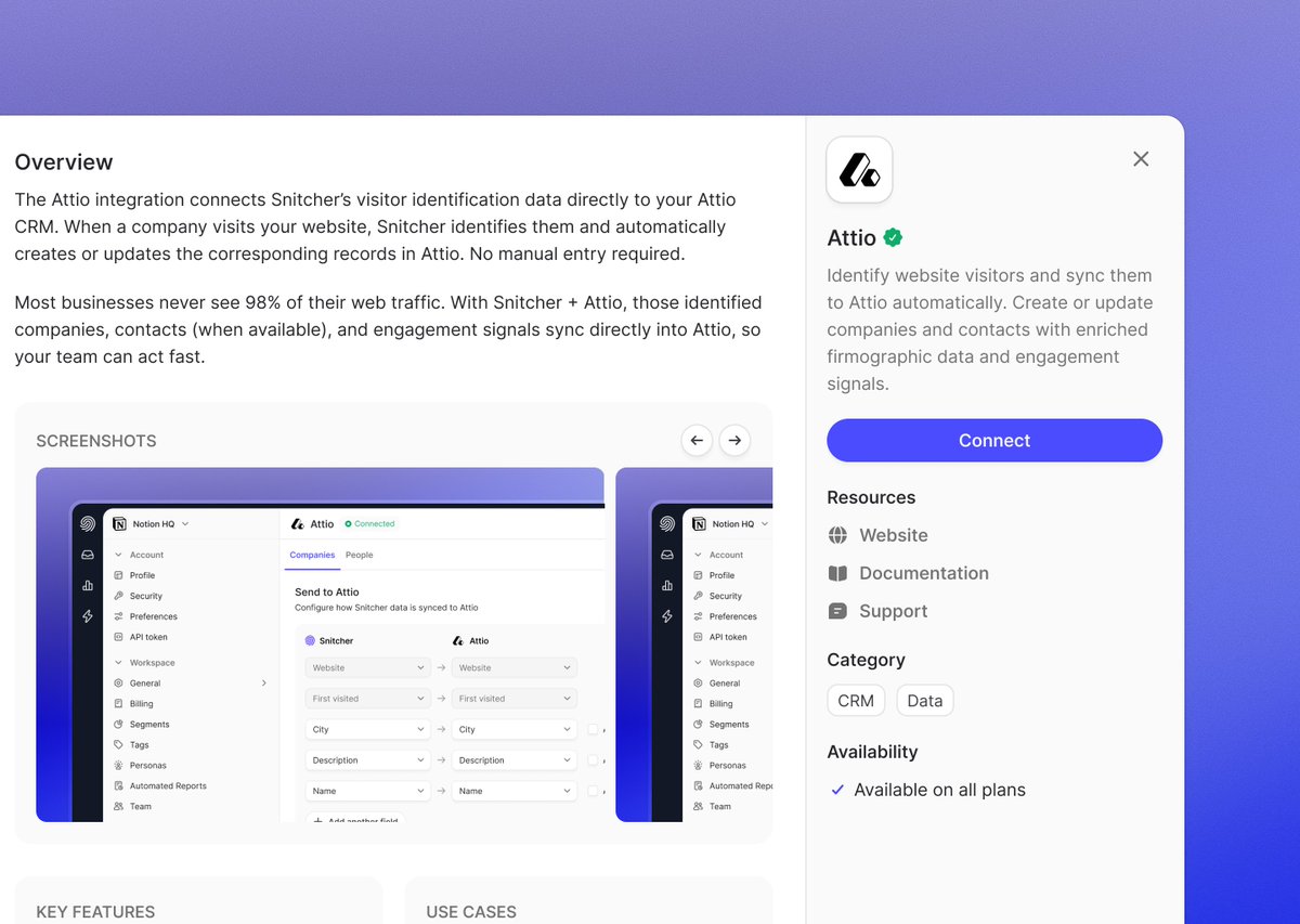 daveyheuser's tweet photo. We're giving the entire Snitcher dashboard a UI refresh following our inbox revamp. Really liking how this integrations modal turned out and can't wait to get this shipped 🙌

I've attached the before and it's a huge improvement.