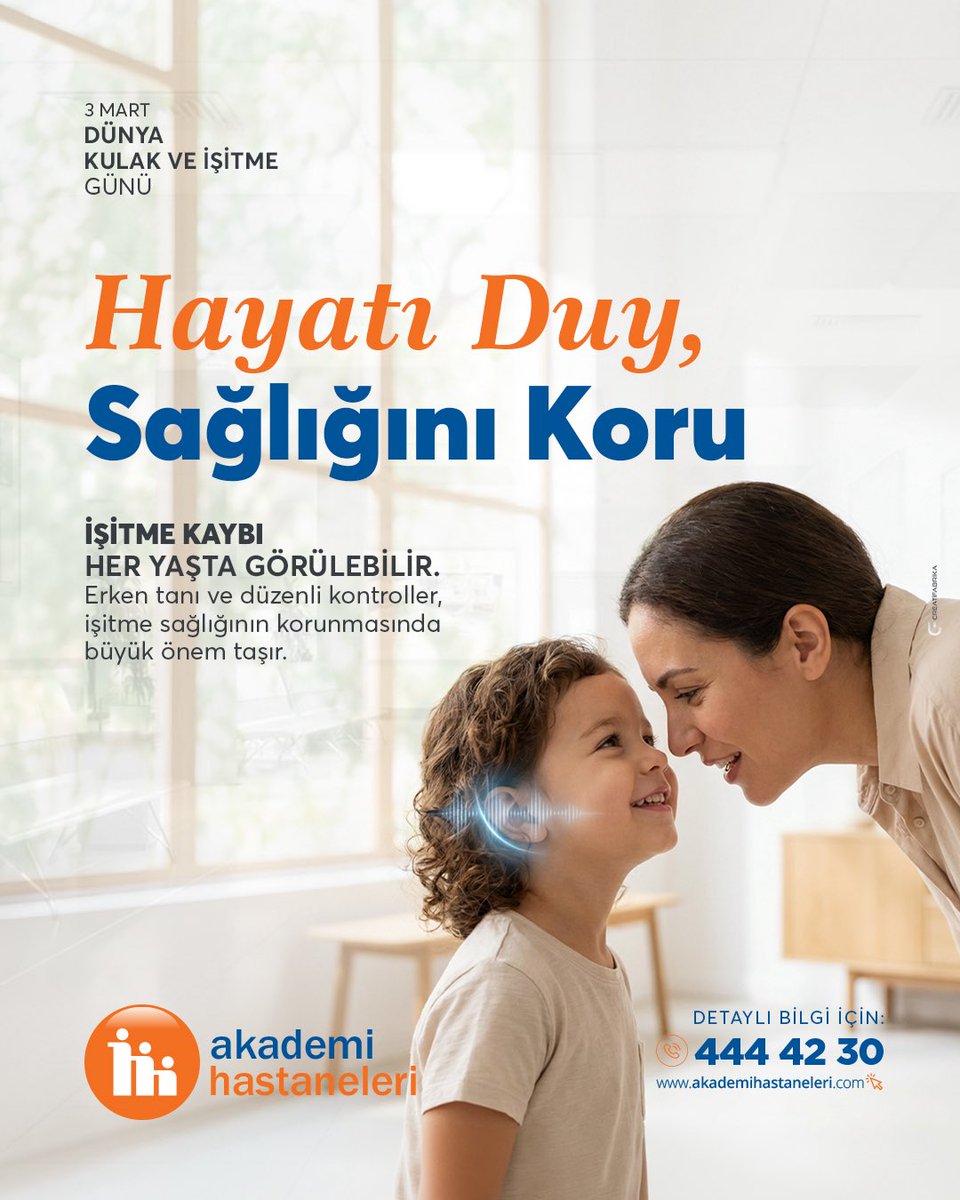 3 Mart Dünya Kulak ve İşitme Günü
İşitme kaybı her yaşta görülebilir.
Erken tanı ve düzenli kontroller, işitme sağlığının korunmasında büyük önem taşır.
#akademihastaneleri #akademikonyahastanesi #akademimeramhastanesi #dünyakulakvei̇şitmegünü
