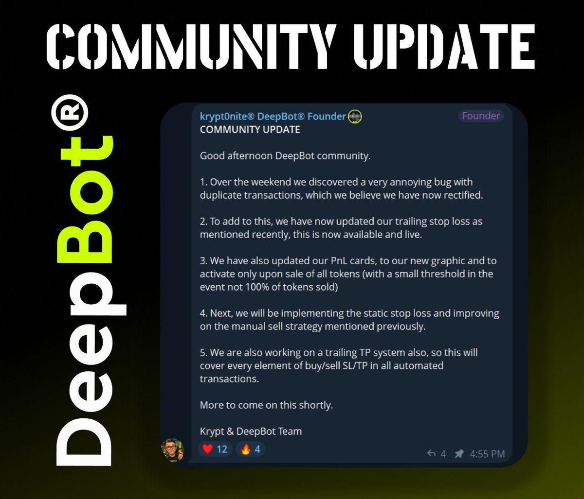 💎 Community Update
💎 <a href="/DeepBot_/">DeepBot®</a> 

You want to do something right? Update the community on the current and upcoming moves (with some hidden news of course) and they will be happier.

Man I am happier when I see project doing updates for us without asking for it, rare thing, and