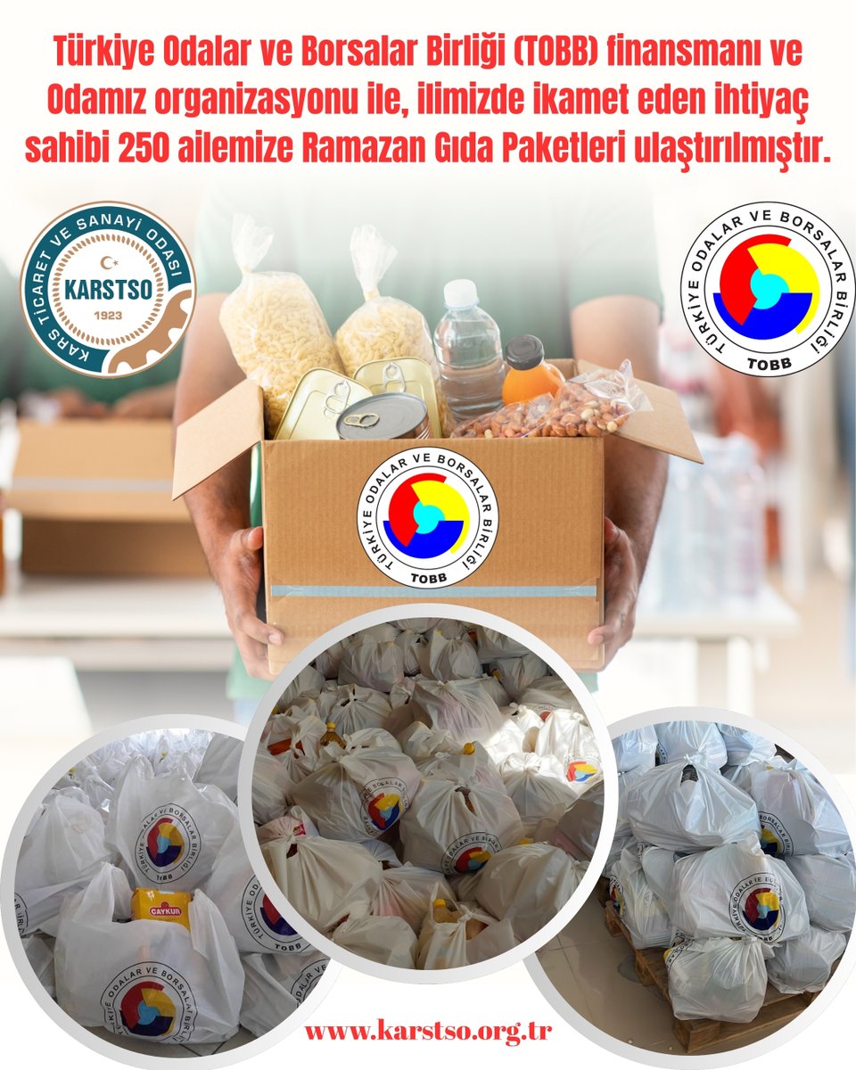 karstso36's tweet photo. Türkiye Odalar ve Borsalar Birliği ( @TOBBiletisim ) finansmanı ve Odamız organizasyonu ile, ilimizde ikamet eden ihtiyaç sahibi 250 ailemize Ramazan Gıda Paketleri ulaştırılmıştır.

Paylaşmanın, dayanışmanın ve kardeşliğin en güzel şekilde hissedildiği Ramazan ayında; birlik ve beraberlik duygularımızı güçlendirmeye devam ediyoruz.

Toplumsal sorumluluğumuzun bilinciyle yürüttüğümüz bu çalışma kapsamında desteklerimizi ihtiyaç sahiplerine ulaştırmanın huzurunu yaşıyoruz.

Katkılarından dolayı Türkiye Odalar ve Borsalar Birliğimize ve @TOBBiletisim Başkanımız Sayın @RHisarciklioglu 'na teşekkür ediyor, Ramazan ayının ilimize, ülkemize ve tüm İslam âlemine hayırlar getirmesini temenni ediyoruz.

#KarsTSO #TOBB #Ramazan #Dayanışma #BirlikBeraberlik