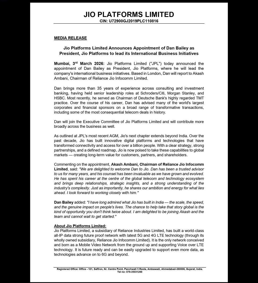 CNBCTV18Live's tweet photo. #JioPlatforms Announces Appointment of #DanBailey as President, Jio Platforms to lead its International Business Initiatives
Dan brings more than 35 years of experience across consulting and investment banking, having held senior leadership roles at Schroders/Citi, Morgan Stanley, and HSBC. Most recently, he served as Chairman of Deutsche Bank's highly regarded TMT practice