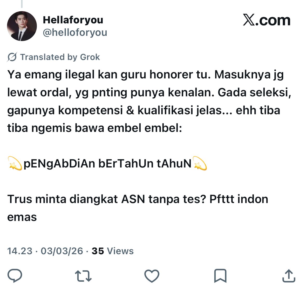 Kok ada ya orang sejahat ini menjelek-jelekkan profesi guru:”) 

Padahal yang lulusan SPd, berkualifikasi bahkan udah ikut PPG Prajab masih berjuang mati-matian buat dapetin haknya:”) emang di Indonesia guru nggak ada artinya apa-apa🥹
