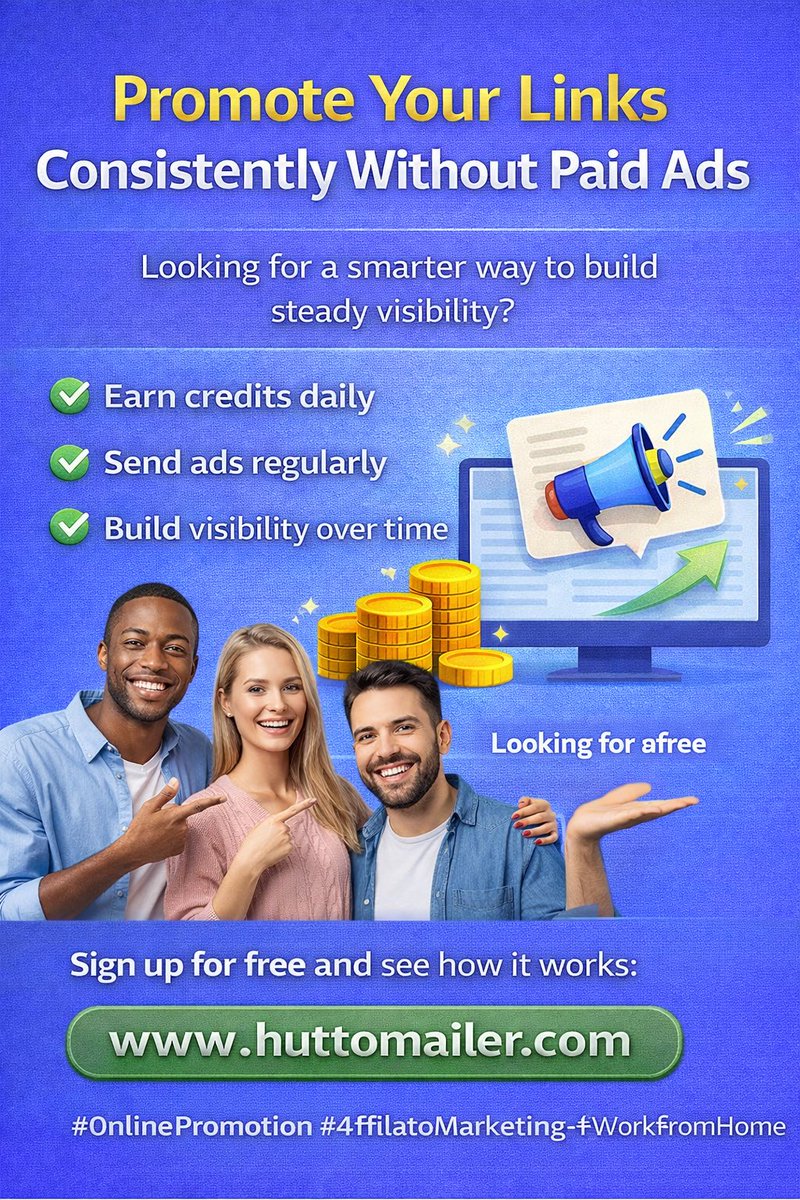 huttomailers's tweet photo. If you’re online daily anyway…
why not turn that activity into visibility?

Earn credits.
Send ads.
Stay consistent.

Small daily actions can build steady traffic over time.

Explore it here 👇
https://t.co/BlkIRPiIrH

#OnlinePromotion #AffiliateMarketing #WorkFromHome https://t.co/ayNrXLzHVE