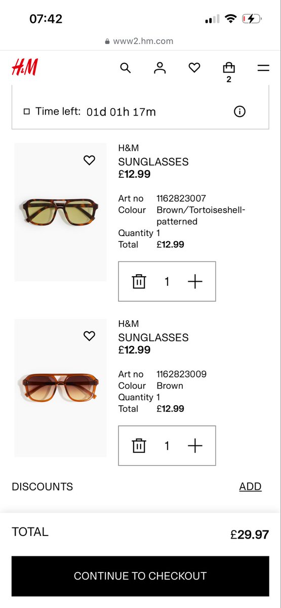 MrsPhtevenson's tweet photo. @hm_custserv want to purchase sunglasses - website says that they are on offer until you add them to basket. Can you help please? https://t.co/2y2adTPLzF