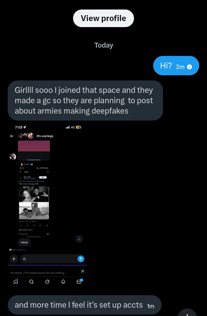 hoo7iganhq's tweet photo. ⚠️ ARMYS ALERT ⚠️
BEWARE: SOME PEOPLE ARE CREATING SETUP ACCOUNTS TO POST DEEPFAKES OF BP MEMBERS AND BLAME ARMYS.
THIS IS MANIPULATION, HARASSMENT, AND TOTAL GASLIGHTING.
DO NOT ENGAGE WITH FAKE ACCOUNTS. REPORT AND STAY SAFE. #BTSARMY #STOPHARASSMENT #PROTECTFANS https://t.co/NgsOwYiWG3