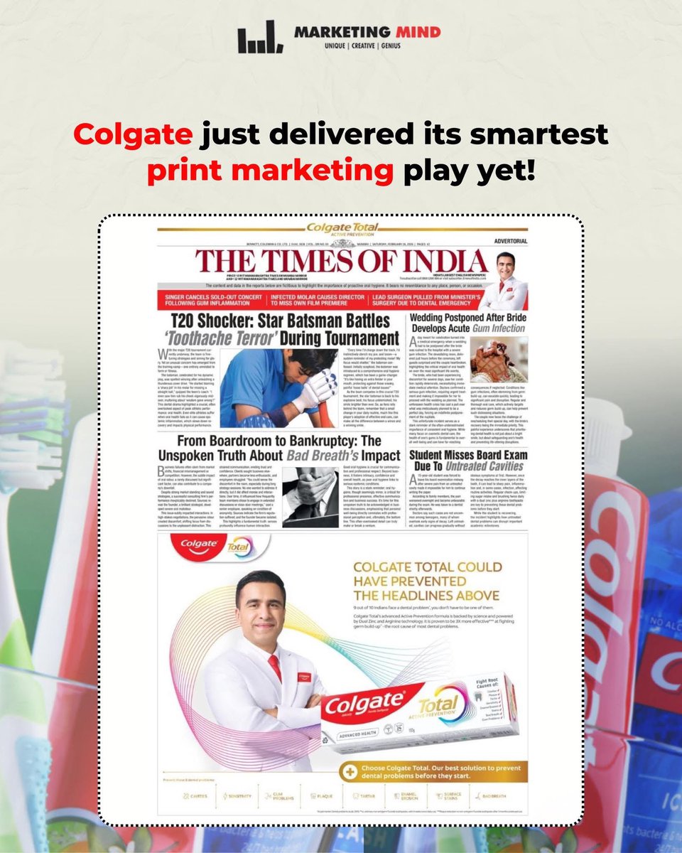 MarketingMind_'s tweet image. Colgate stepped away from product talk and used contextual print to turn a simple preventive insight into a headline moment. No heavy selling, just smart thinking placed exactly where attention lives. That’s how you make print work harder for the brand.

#Marketingmind #Colgate