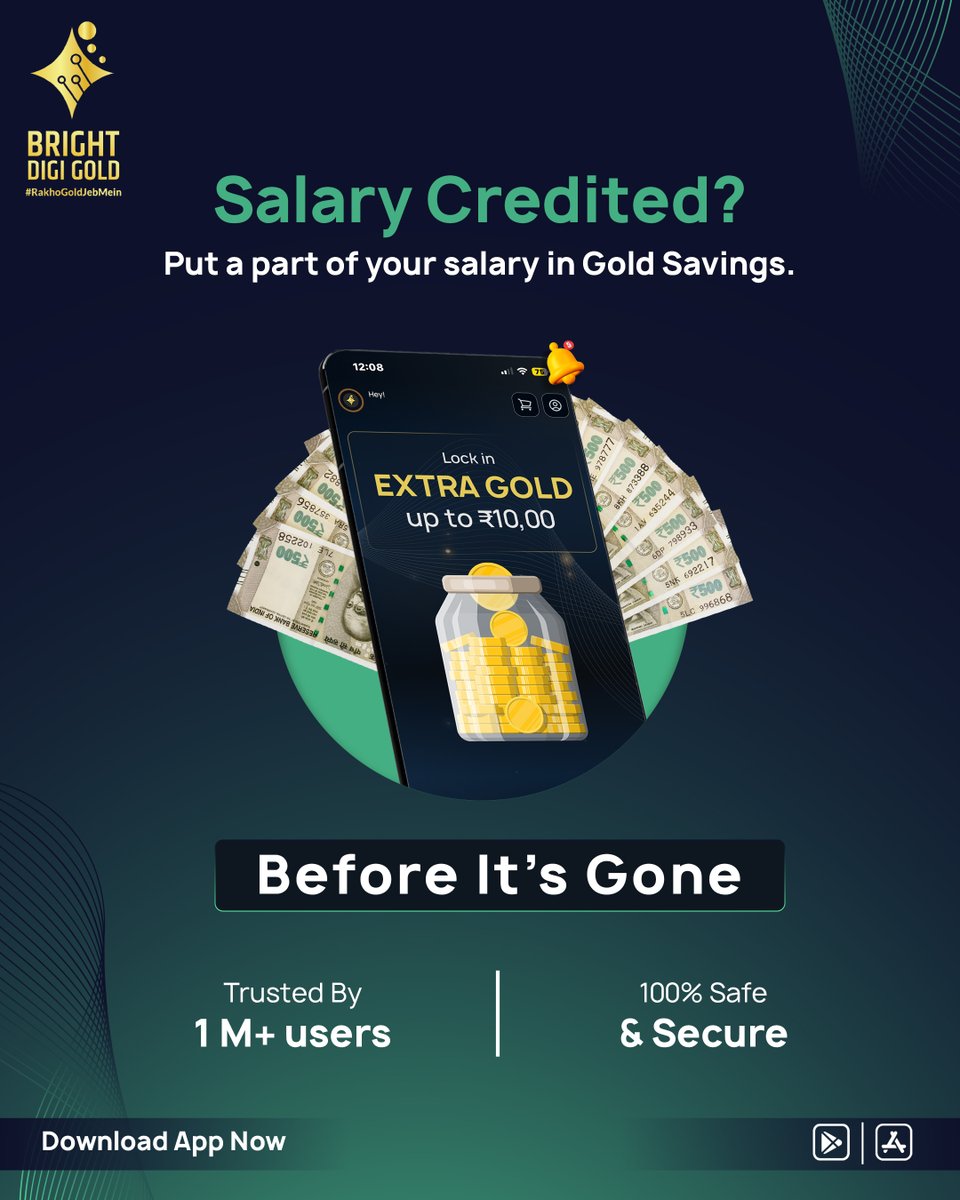 BrightDiGiGold's tweet photo. Salary Credited? 💰
Turn a part of your income into Digital Gold Savings today.

Start investing in 24K digital gold instantly with Bright Digi Gold — trusted by 1M+ users and 100% secure.

Don’t let your salary disappear. Build wealth smartly. ✨
Download the app now.

#SalaryCredited #DigitalGold #GoldSavings #InvestInGold #SmartInvesting #BrightDigiGold #GoldInvestmentIndia #WealthBuilding #SecureSavings #RakheGoldJebMein