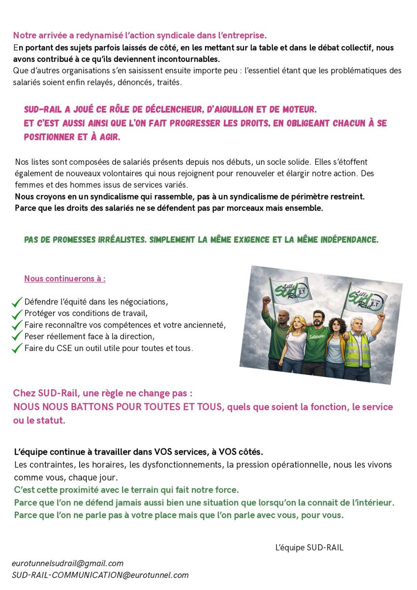 Fede_SUD_Rail's tweet photo. 🗳️ Élections #CSE à @Eurotunnel : à partir d’aujourd’hui, on vote massivement pour l’équipe #syndicale #SUDRail !
🟢 « On ne parle pas à votre place, mais on parle avec vous, pour vous ! »
🟣 #SUD c’est @UnionSolidaires https://t.co/eQr9UDqqMt