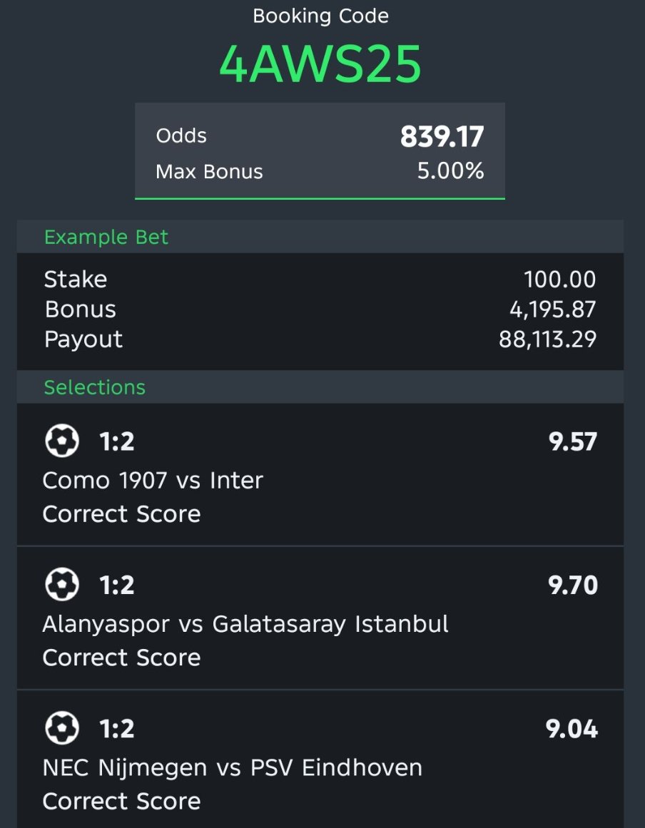 Cindy_KBDTips's tweet photo. 3/3 Correct Score

839 ODDS

Antalayanspor 🇹🇷 1:2 Galatasaray 🇹🇷 

Nijmegen 🇳🇱 1:2 PSV 🇳🇱 

Como 🇮🇹 1:2 Inter 🇮🇹

Sportybet .  4AWS25

Kindly Retweet 🔁 https://t.co/C1ql0hw4PS