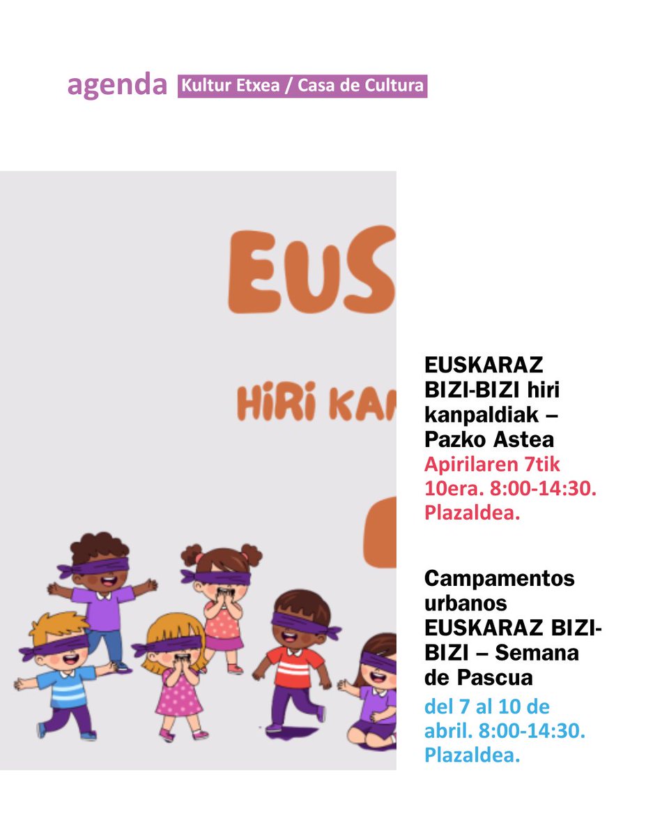 EUSKARAZ BIZI-BIZI hiri 
kanpaldiak – Pazko Astea
huarte.es/eu/uncategoriz…

Campamentos urbanos 
EUSKARAZ BIZI-BIZI – 
Semana de Pascua
huarte.es/noticias/campa…