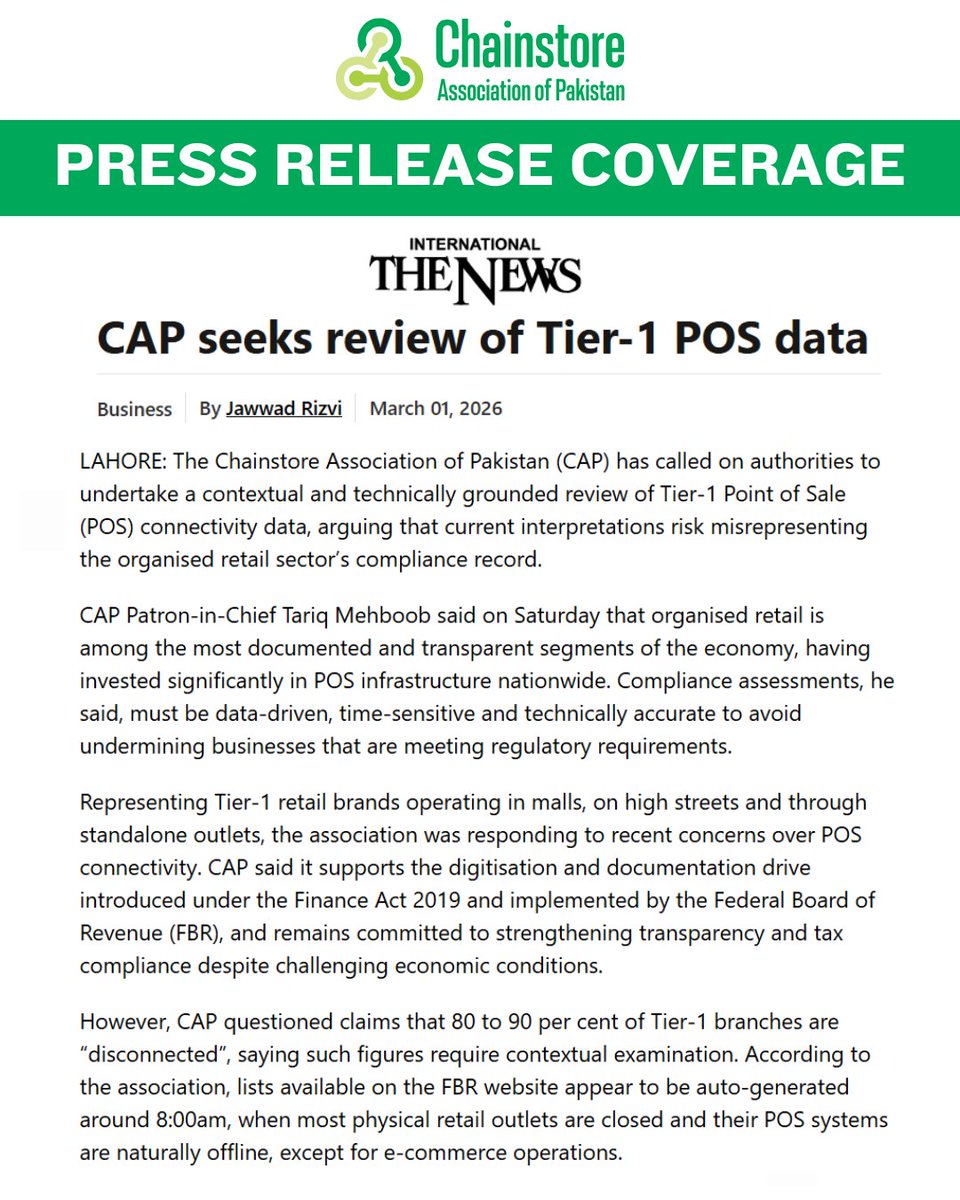 Press Release Coverage Across Leading National Media
The Chainstore Association of Pakistan (CAP)’s official statement on digitization, documentation, and POS connectivity received prominent coverage in key national news outlets.

The News:
thenews.pk/print/1401965-…