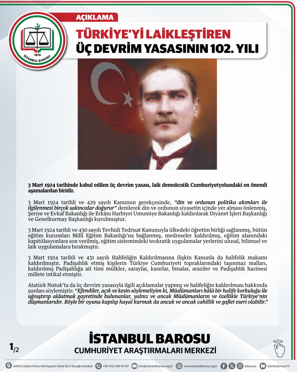 istbarosucumer's tweet photo. TÜRKİYE’Yİ LAİKLEŞTİREN ÜÇ DEVRİM YASASININ 102. YILI https://t.co/ZLA0xB7v3W