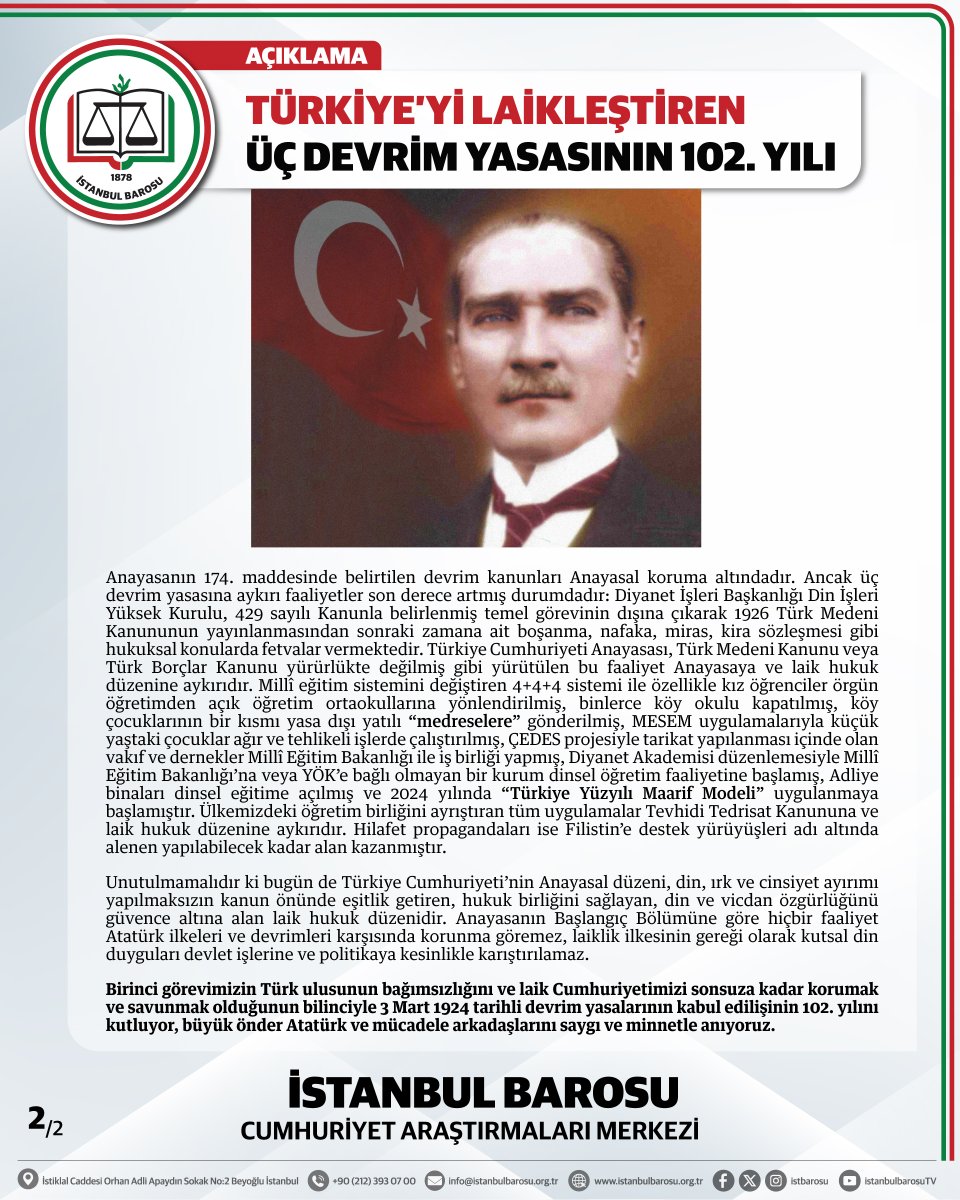 istbarosucumer's tweet photo. TÜRKİYE’Yİ LAİKLEŞTİREN ÜÇ DEVRİM YASASININ 102. YILI https://t.co/ZLA0xB7v3W