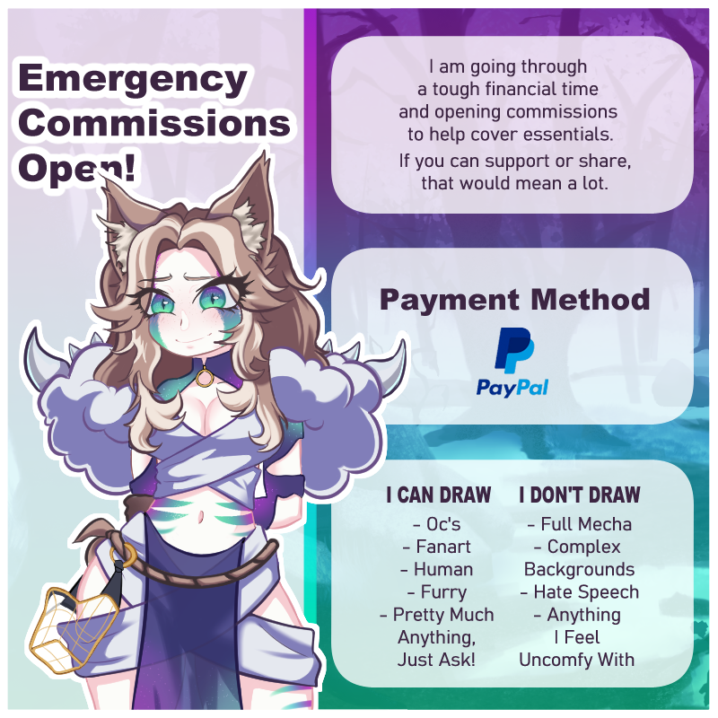 Aus_SheWolf's tweet photo. 🚨EMERGENCY ART COMMISSIONS OPEN! 🚨
Available Slots [0/5)

Hey guys! I've been in a bit of a tough spot financially so I am opening coms to cover expenses.

If you are interested in something that's not on the list, please message me and I'll let you know if I can do it for you. https://t.co/1HMiDLnSjQ