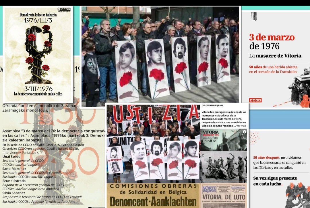 CulturaCcoo's tweet image. "50 AÑOS DE LA MASACRE DE VITORIA"

"LA DEMOCRACIA CONQUISTADA 
EN LAS CALLES"

✍🏼NO TE LO PIERDAS
Sede de
@CCOOeuskadi
en Vitoria 

👉🏽 Intervienen: 

@UnaiSordo
#Bruno Estrada 
@Brunotsky
  #SilviaSanchez y #SantiMartinez 

✔️NO AL OLVIDO
#MemoriaDemocratica