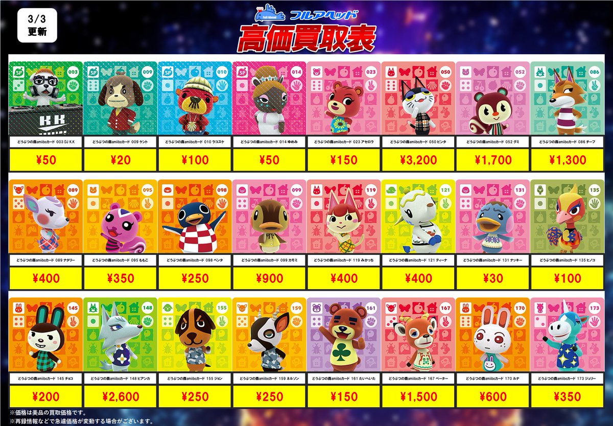 💥買取更新情報💥】 🐶どうぶつの森amiiboカード🐱 3/7までの買取表