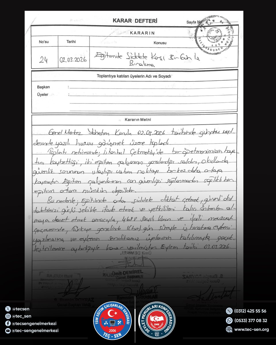 ŞİDDETE KARŞI 1 GÜNLÜK İŞ BIRAKIYORUZ!

İstanbul Çekmeköy Taşdelen Borsa İstanbul Mesleki ve Teknik Anadolu Lisesi’nde 11. sınıf öğrencisinin kesici aletle gerçekleştirdiği saldırı sonucunda iki öğretmenimiz ve bir öğrencimiz yaralanmıştır.

Ağır yaralı olarak hastaneye