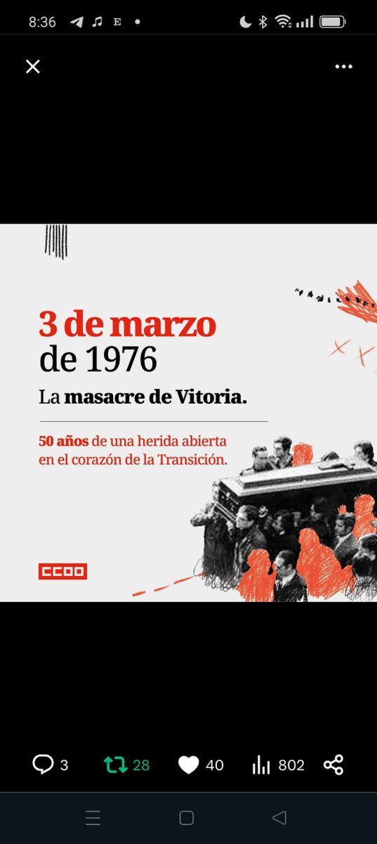 CulturaCcoo's tweet image. "50 AÑOS DE LA MASACRE DE VITORIA"

"LA DEMOCRACIA CONQUISTADA 
EN LAS CALLES"

✍🏼NO TE LO PIERDAS
Sede de
@CCOOeuskadi
en Vitoria 

👉🏽 Intervienen: 

@UnaiSordo
#Bruno Estrada 
@Brunotsky
  #SilviaSanchez y #SantiMartinez 

✔️NO AL OLVIDO
#MemoriaDemocratica