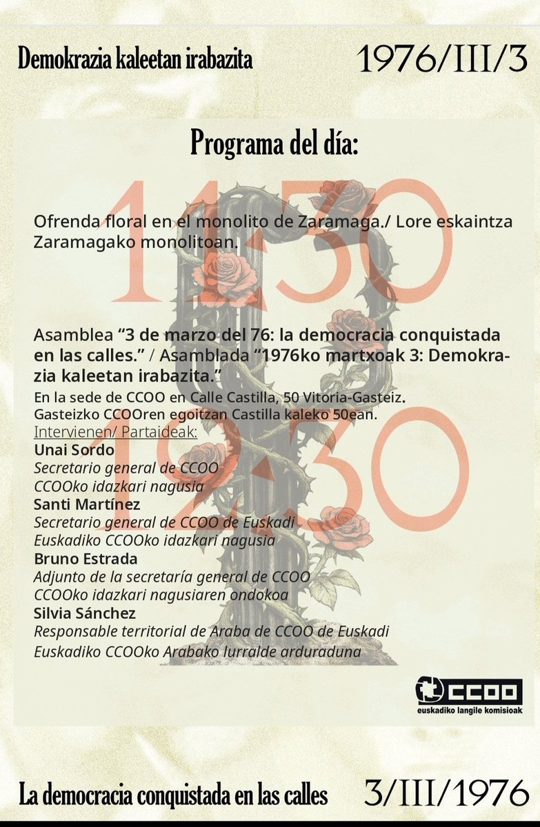 CulturaCcoo's tweet image. "50 AÑOS DE LA MASACRE DE VITORIA"

"LA DEMOCRACIA CONQUISTADA 
EN LAS CALLES"

✍🏼NO TE LO PIERDAS
Sede de
@CCOOeuskadi
en Vitoria 

👉🏽 Intervienen: 

@UnaiSordo
#Bruno Estrada 
@Brunotsky
  #SilviaSanchez y #SantiMartinez 

✔️NO AL OLVIDO
#MemoriaDemocratica