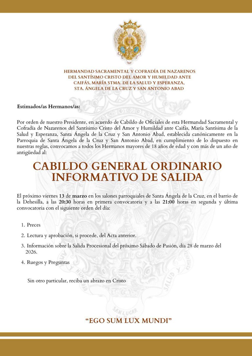 CABILDO GENERAL ORDINARIO INFORMATIVO DE SALIDA

#HermandaddeSantaÁngela
#LaDehesilla
#AmoryHumildad