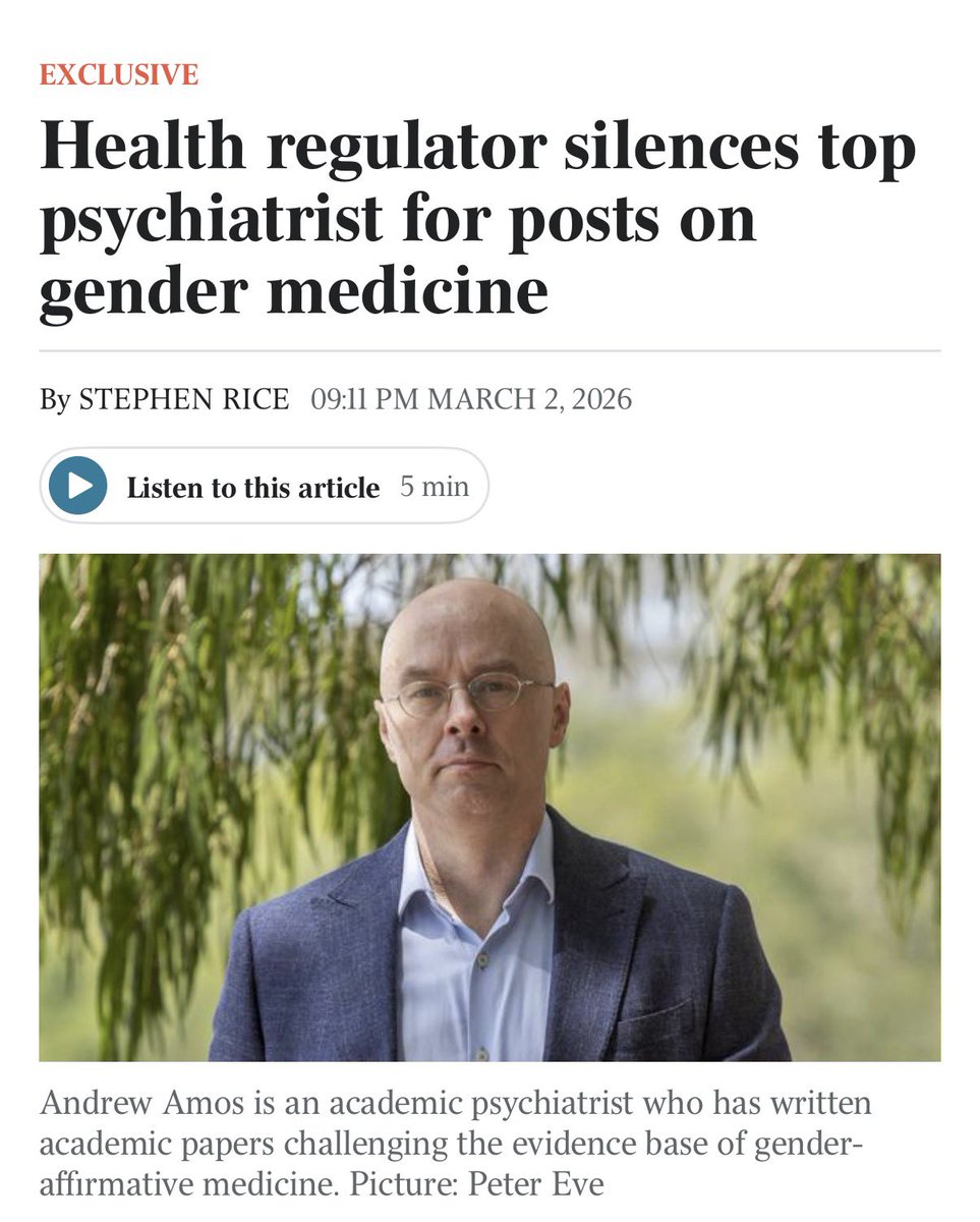 “Queensland psychiatrist Andrew Amos has been ordered by the Medical Board of Australia and the Australian Health Practitioner Regulation Agency to stop making online statements about gender issues and is barred from having direct clinical contact with any patients.

“Dr Amos’s