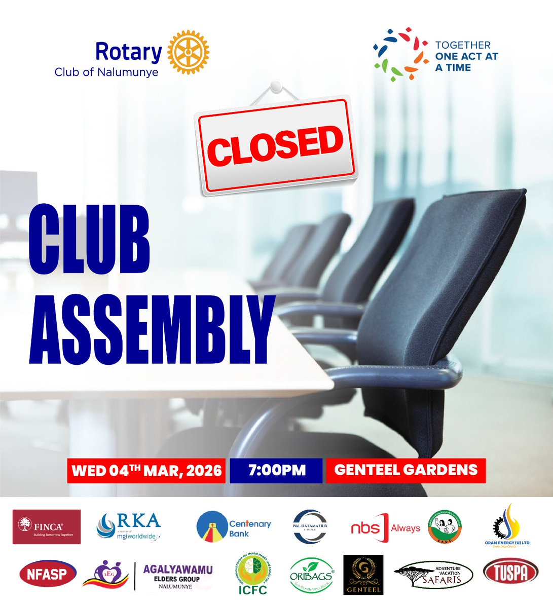 RotaryNalumunye's tweet photo. Dear Friends, weโll be holding a Closed Club Assembly ๐
๐ Wednesday, March 4, 2026
โฐ 7:00 PM
๐ Genteel Rooftop
We look forward to welcoming you again at our next week's meeting. ๐น
#Leadership #StrategicDirection https://t.co/FZWdpmAXFf
