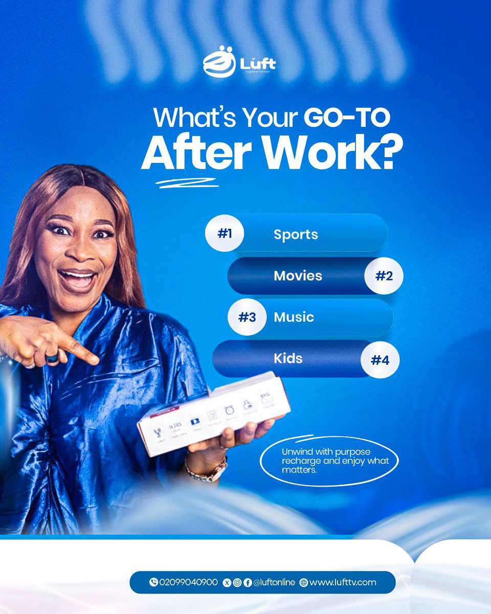 LuftTv's tweet photo. Some people unwind with football.
Some escape into movies.
Some vibe to music.
Some hand the remote to the kids 😅

Whatever your style, Luft brings it home stress free and affordable.

Because quality entertainment shouldn’t wait. 💙

#FamilyTime #RelaxWithLuft #PayTVNigeria https://t.co/u3vxzNFQpa