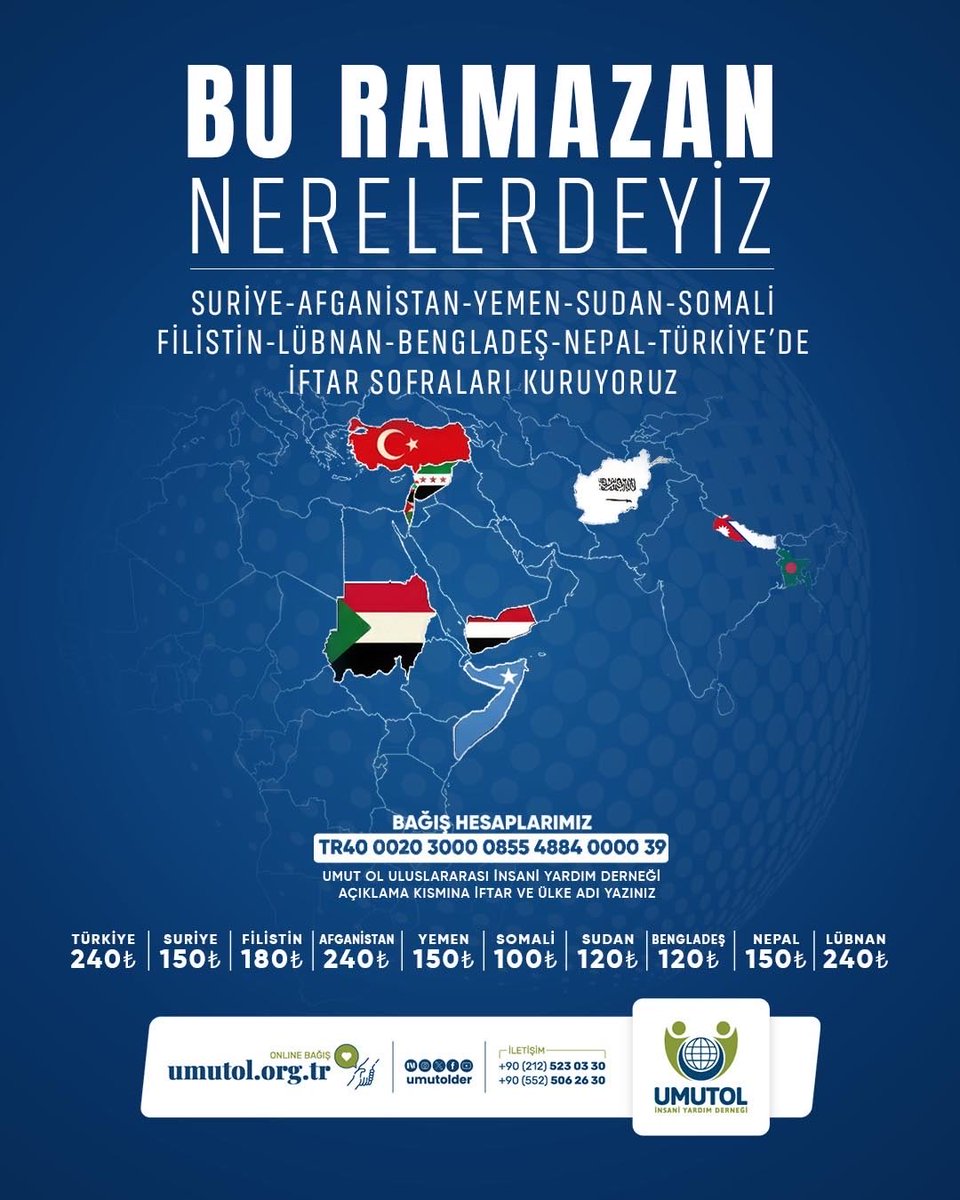 umutolder's tweet photo. RAMAZAN’da UMUT OL - NERELERDEYİZ

Umut Ol İnsani Yardım Derneği olarak, dünya genelinde bir çok ülkede çalışmalar yapıyoruz. Verdikleri desteklerden ötürü bağışçılarımıza teşekkür ederiz. 

 🌙 Ramazan’da Umut Ol 

☎️ 0212 523 03 30 

🌍 Online bağış: https://t.co/bGaaV8gV3s https://t.co/ZoAXVOcwyY