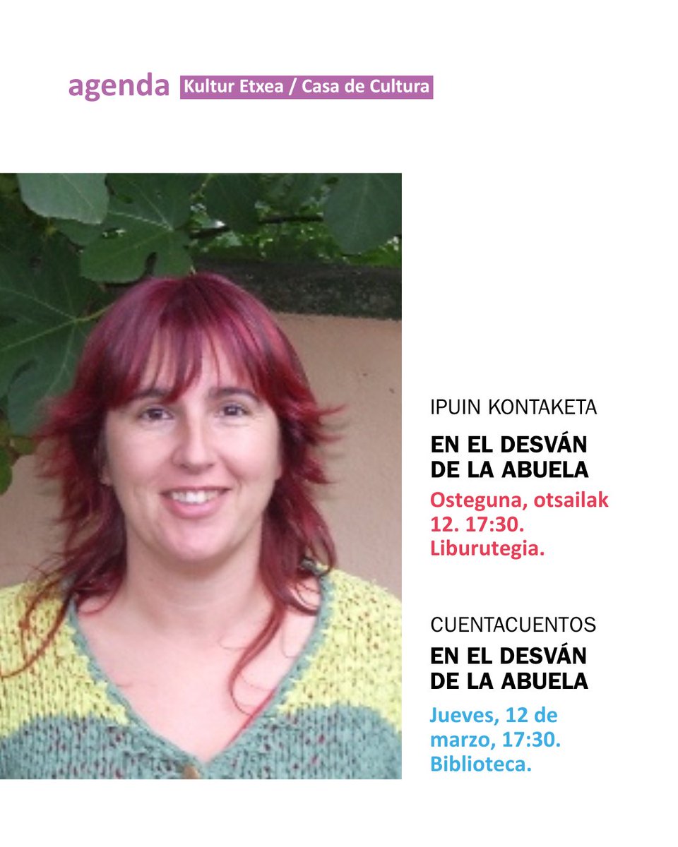 IPUIN KONTAKERA INFANTIL EN EL DESVÁN DE LA ABUELA
huarte.es/eu/eventos/cue…

CUENTA CUENTOS INFANTIL EN EL DESVÁN DE LA ABUELA
huarte.es/eventos/cuenta…